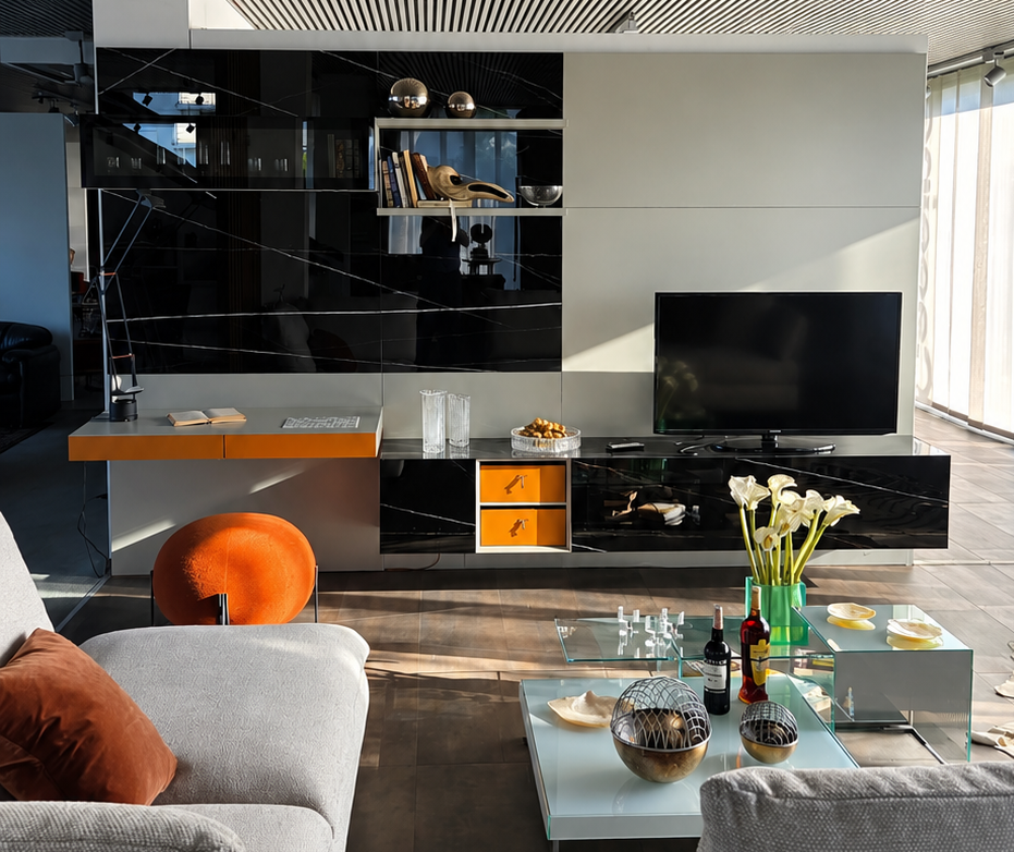 Mobile TV design PIANCA con scrivania integrata e cassetti rivestiti in cuoio Hermes